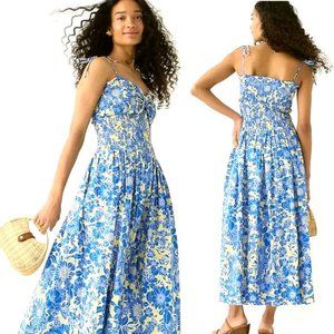 J. Crew Collection Tie-Shoulder Smocked Midi Dress in Floral Cotton Poplin